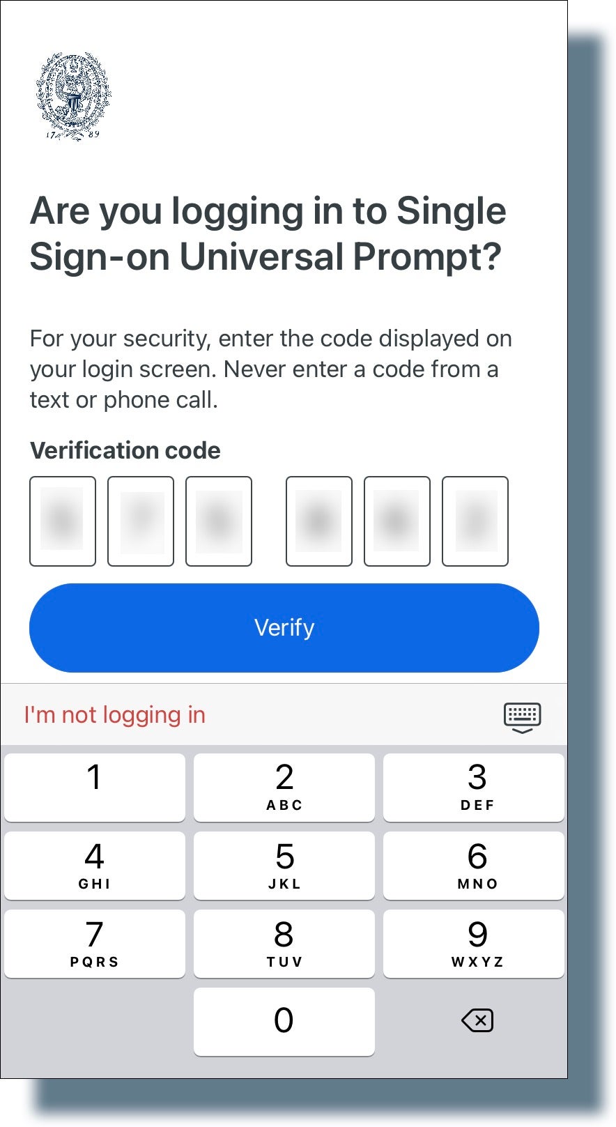Duo screen where verification code is entered.