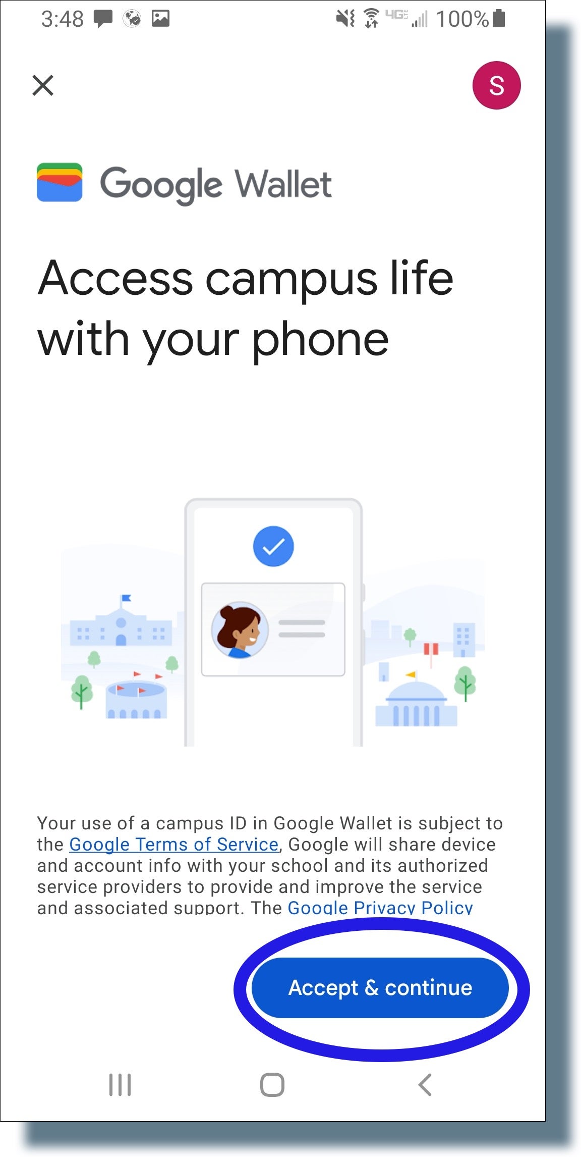 Google Wallet screen explaining its usage, and selecting 'Accept & continue'. 