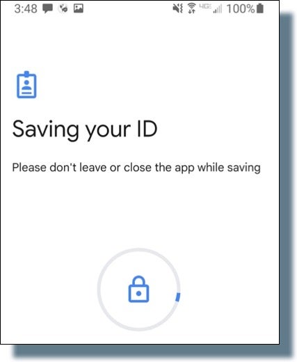 Screen showing Google Wallet saving the user's ID.