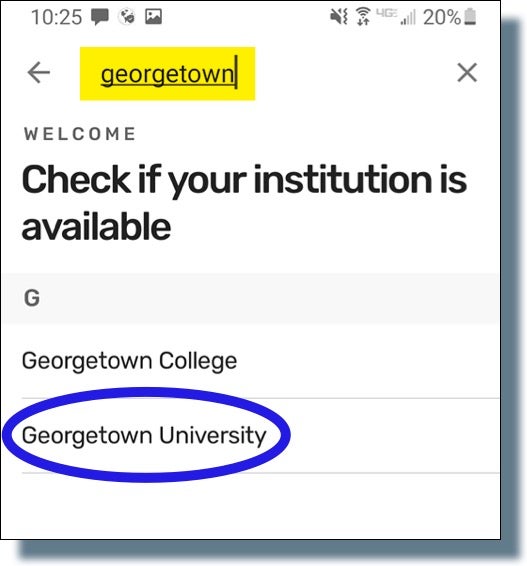 Search screen with user entering 'georgetown' in the search and selecting 'Georgetown University' from results.