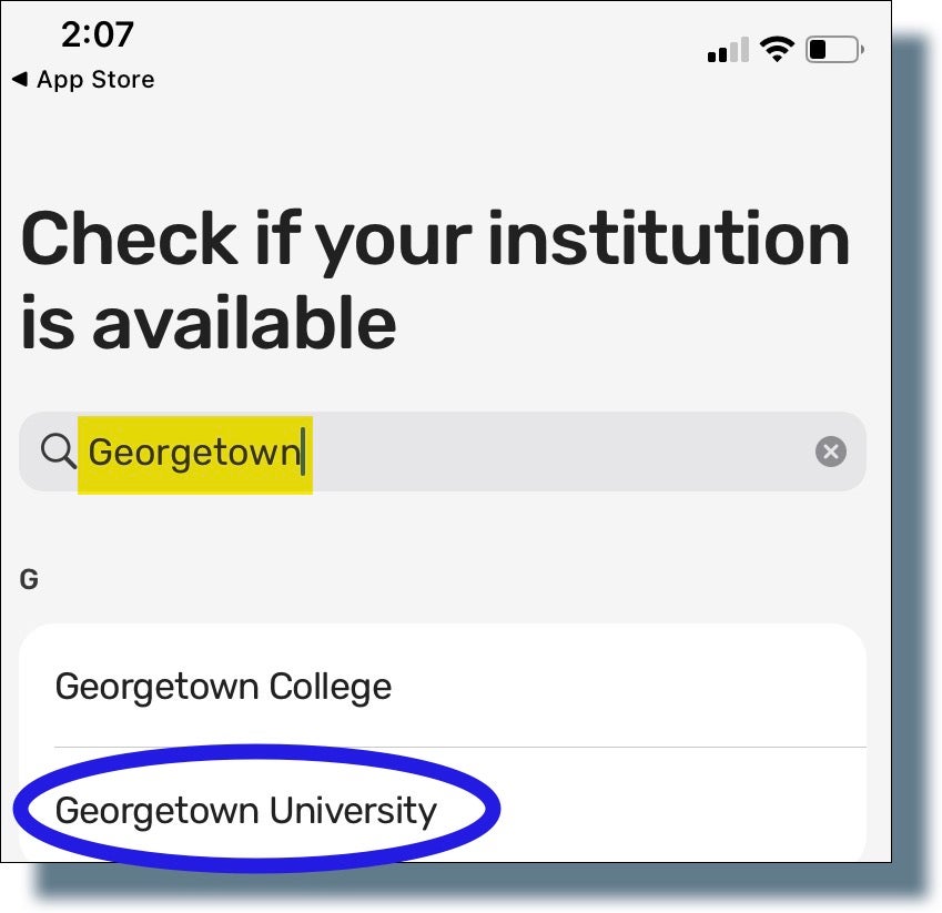 eAccounts app search screen, entering 'georgetown', and then selecting 'Georgetown University' from results.