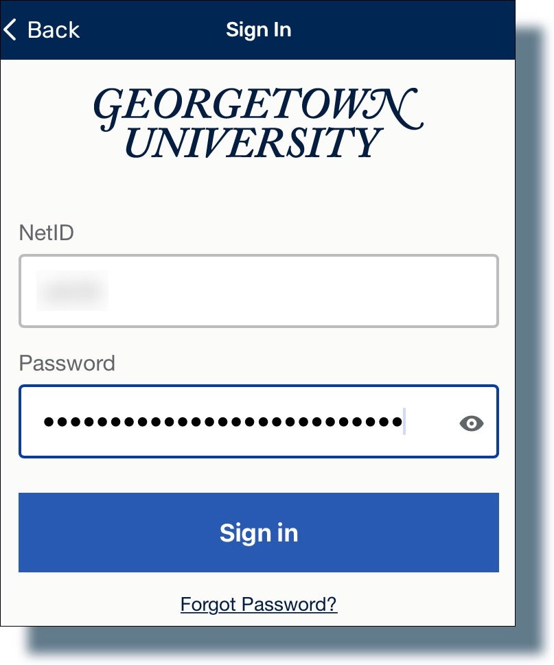 GU login prompt, entering GU credentials.