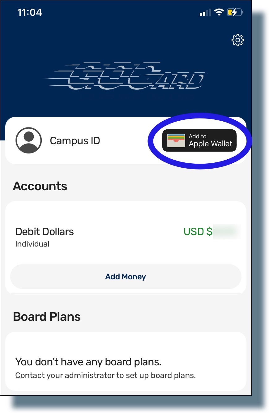 Screen in eAccounts showing Mobile GOCard and tapping 'Add to Apple Wallet' button.