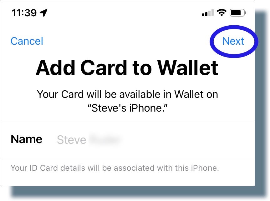 Screen prompting user to tap 'Next' to add card to Wallet.